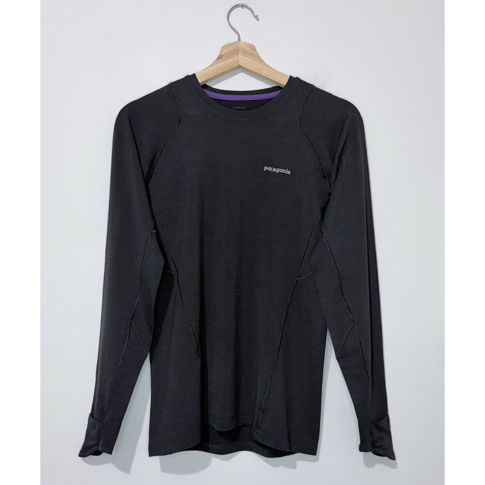 Patagonia Mens Thermo T Shirt S Merino Wool Black Long Sleeve Crew Neck Logo